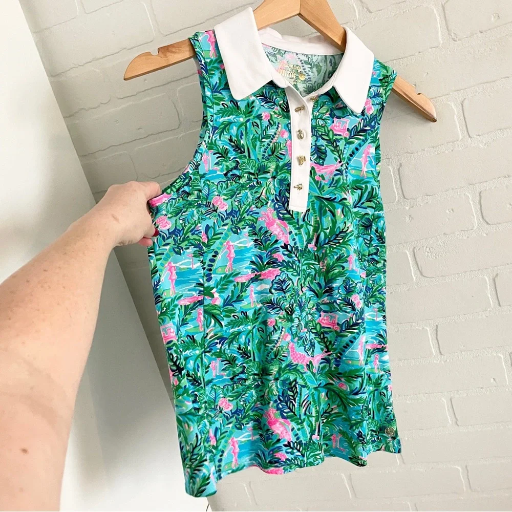 Lilly Pulitzer Imara Golf Print Polo Top Novelty Gold Buttons XS - Picture 3 of 16